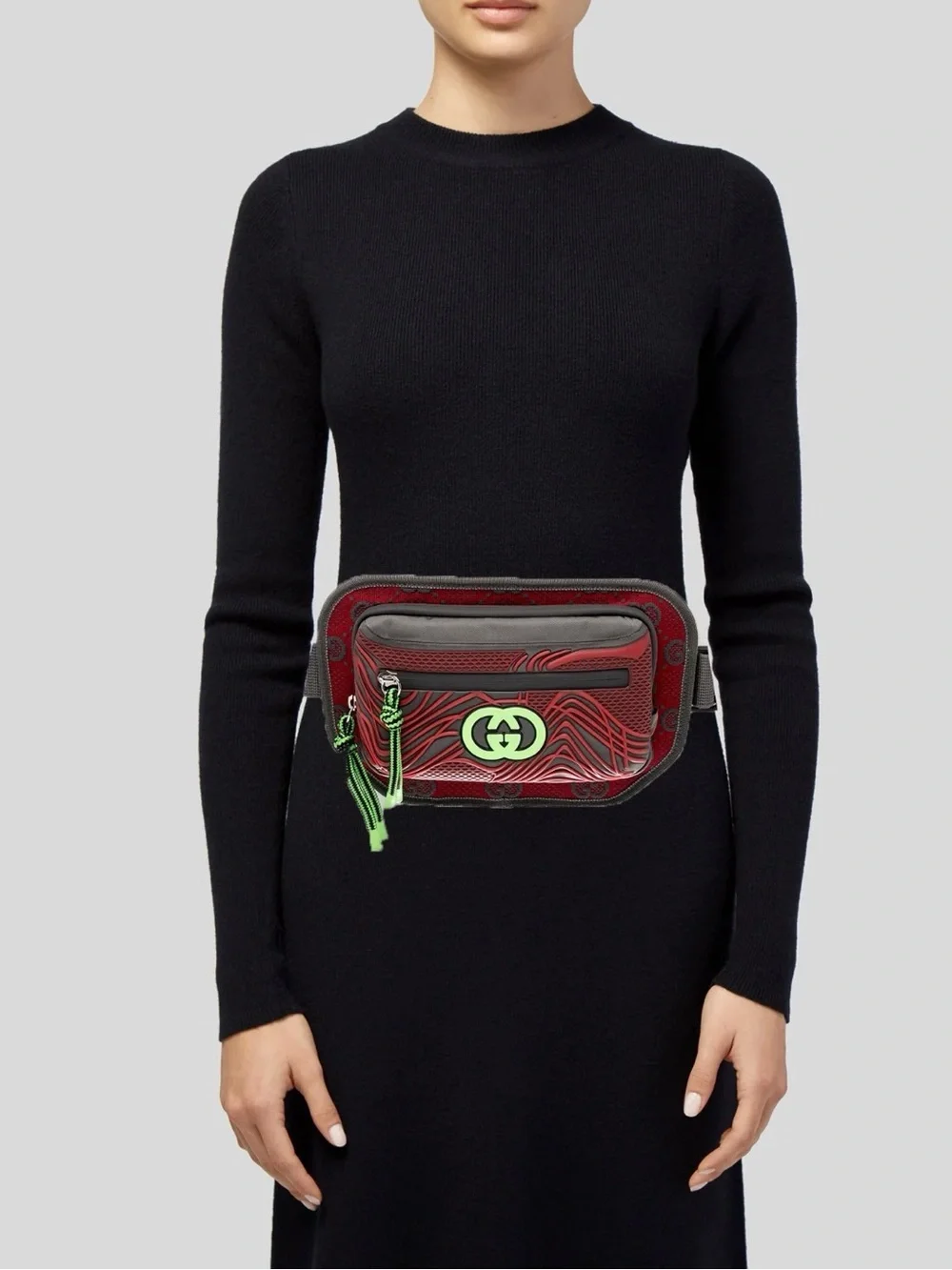 Red Leather Crossbody Belt Bag with Neon Green Accents